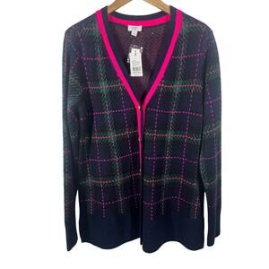 Crown &. Ivy Cardigan Women L NWT Blue Plaid Pink Gold Buttons Old Money Prep
